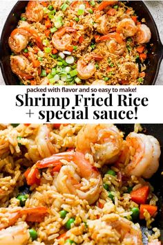 shrimp fried rice and vegetables in a skillet with text overlay that reads, packed with flavor and so easy to make