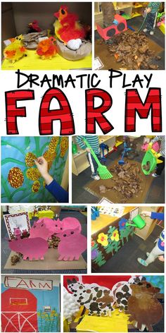 a collage of pictures with the words dramatic play farm