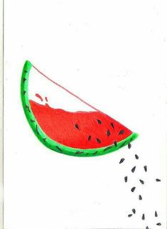 a drawing of a slice of watermelon being sprinkled with seeds