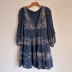 Adorable Free People Dress With Billowed Sleeves And A Deep V. Brand New, Never Worn! Blue V-neck Boho Sundress, Blue V-neck Boho Dress For Brunch, Blue Boho Print V-neck Midi Dress, Blue Boho Print Dress For Brunch, Blue Boho Print Dress For Day Out, Blue V-neck Boho Print Midi Dress, Fitted Blue Boho Summer Dress, Blue Bohemian Mini Length Boho Dress, Blue Long Sleeve Mini Dress With Boho Print