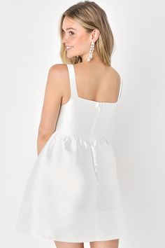 You'll always skip the line when you go out for the night in the Lulus Bubbly Love White Taffeta Corset Mini Dress! Structured taffeta, with a subtle sheen, provides perfectly flattering coverage as it shapes tank-style straps and a bustier-inspired bodice with supportive boning at the front. Skirt has a bubble-like, A-line silhouette and finishes at a flirty mini hem. Hidden zipper/clasp at back. Length: Mid-thigh. Size small measures 32" from top to bottom. Fabric: Fabric has no stretch. Lined White Sleeveless Mini Dress With Corset Back, White Mini-length Corset Dress For Casual Occasions, White Strapless Mini Dress With Boned Bodice, White A-line Mini Dress With Boned Bodice, White Mini Dress With Sweetheart Neckline And Built-in Bra, White Corset Dress, Dress With Corset, White Corset, Corset Mini Dress