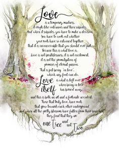 a poem written in watercolor on paper with two trees and one is surrounded by branches