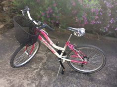 a pink and white bike parked next to purple flowers