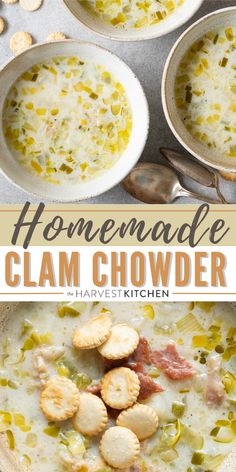 homemade clam chowder recipe with crackers in bowls