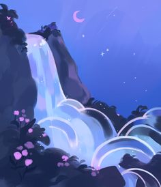 an animated waterfall with stars and moon in the sky