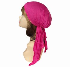 Very Soft, comfortable stretchy pre tied bandana / head scarf / Tichel Elastic back for easy-on, easy-off style.  One size fits most.  Machine Wash Cold. Made in the USA. 95% Rayon 5% Spandex Casual Adjustable Solid Color Turban, Casual Adjustable Solid Color Bandana, Adjustable Solid Casual Bandana, Casual Adjustable Solid Bandana, Casual Headwrap One Size Fits Most, Casual Pink Headscarf, One Size Fits Most, Casual Fitted Solid Color Headscarf, Casual Headwrap For Summer, Casual Solid Color One-size Headscarf