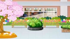 an animated view of a park with benches and trees in blooming colors, including pink flowers