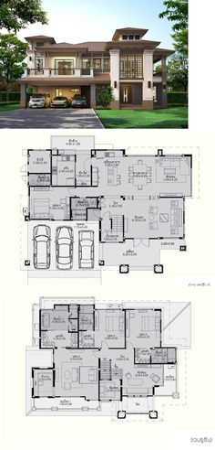 two story house plans with garage and living room in the middle, one bedroom on each floor