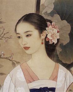 ZHAO GUOJING.......... Geisha Art, Flowers In Her Hair, Asian Painting, المملكة العربية السعودية, Korean Art, Old Paintings, Figure Painting