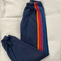 Good Condition Not Worn Often But Wasn’t Careful About Putting In Dryer. Mild Pilling On Back As Shown In Pic- Changed Contrast For Visibility Stitching By Label Also Loose As Shown In Pic Striped Sweatpants, Aviators Women, Aviator Nation, Navy Color, Track Pants, Pant Jumpsuit, Sweatpants, Stitching, Pants For Women