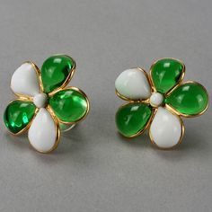 Features:. - French Gripoix/ glass paste flower earrings in green and white. - Post back earrings for pierced ears. - Unsigned AUGUSTINE PARIS piece. - Excellent vintage condition. Measurements: Height: 1.02 inches (2.6 cm) Width: 1.02 inches (2.6 cm) Weight: 6 grams **These earrings will be shipped via DHL Express Shipping with tracking number. Please convo me for any queries and additional photos. Thank you for visiting. Other Fees that buyers need to know: Please make sure you know and unders Green Enamel Clip-on Earrings, Green Flower-shaped Formal Jewelry, Vintage Green Enamel Earrings, Green Enamel Vintage Earrings, Elegant Green Enamel Flower Earrings, White Earrings, Wedding Jewelry Earrings, Wedding Earrings, Karl Lagerfeld