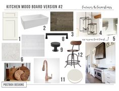 the kitchen mood board is full of white and wood accents, including cabinets, counter tops,