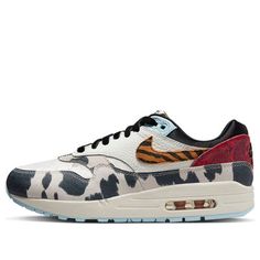 (WMNS) Nike Air Max 1 '87 'Great Indoors Tiger Swoosh Cow Print' FD0827-133 (SNKR/Casual/Low Top/Women's/Non-Slip/Wear-resistant/Shock-absorbing) Nike Air Max 1, Air Max 1, Stylish Sneakers, Cow Print, Shoe Game, Low Top, Air Max, Nike Air Max, Nike Air