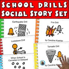 two children's notebooks with pictures of different things on them and the words school drills social story set