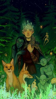 an illustration of a woman surrounded by animals in the woods at night with stars above her