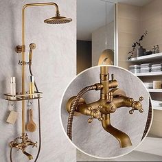 an old fashioned shower faucet is shown next to a new one - hand shower head