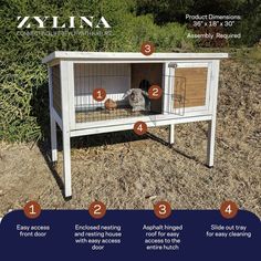 an animal cage with instructions on how to put it in and what to put inside