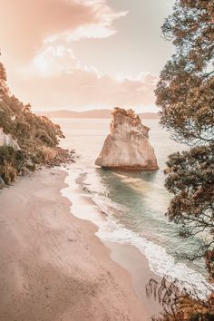 the beach is next to some trees and rocks in the water, with one rock sticking out of the water