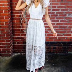 Beautiful Lace Maxi Dress. Has Cute Lace Cutouts Along The Waistline. Perfect Dress For That Special Occasion Or Anything Bridal! Size Large Zipper Back No Stretch Summer V-neck Lace Dress With Ruffles, Lace V-neck Maxi Dress For Summer, Fitted Lace Maxi Dress For Vacation, Fitted Summer Maxi Dress With Lace Trim, Elegant Lace Maxi Dress For Summer, Flowy Lace Dress For Party, Summer V-neck Lace Dress For Garden Party, Feminine Lace Maxi Dress For Day Out, Beach Lace Maxi Dress