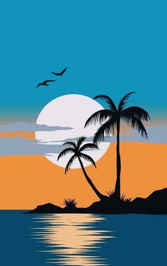 a sunset with two palm trees in the foreground and birds flying over water below