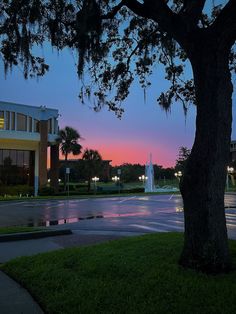 the sun is setting behind a tree in front of a building with a fountain on it