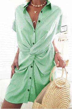 Stripe Print Short Sleeve Twisted Dress Tea Dress Pattern, Shirt Dress Pattern, Twisted Dress, Short Sleeve Dress Shirt, Striped Shirt Dress, Mini Robes, Striped Mini Dress, Blue Mini Dress, Dress Silhouette