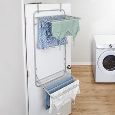 If you want to save money on your energy bill, clothing that lasts longer, and reduce your eco-footprint, air drying clothing is the easy solution. And now it is possible in small laundry rooms—without sacrificing space or style—thanks to this retractable drying rack. With its ability to mount to the wall or over the door, this space-saving solution is designed to be a versatile clothes drying solution. It folds flush to the wall or door to take up as little room as possible when it isn’t in use—sticking out a mere 3” off the wall. Then, when your clothes are ready to dry, simply pop it open and drape clothing directly over the rust-resistant powder-coated bars or use with hangers. The 10 linear feet drying space supports up to 50lbs, accommodating everything from lightweight delicates to Retractable Drying Rack, Clothing Drying Rack, Wall Mounted Clothes Drying Rack, Wall Mounted Drying Rack, Drying Rack Laundry, Laundry Drying, Clothes Drying, Small Laundry Rooms, Hanging Bar