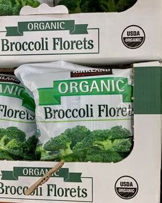 two packages of broccoli florets are on display