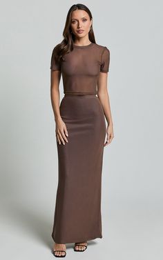 Janet Top and Skirt Two Piece Set - Short Sleeve Midi Skirt in Chocolate Sleek Summer Night-out Skirt, Sleek Maxi Skirt For Spring Party, Solid Maxi Skirt For Night Out In Summer, Solid Maxi Skirt For Summer Night Out, Trendy Stretch Maxi Skirt For Party, Casual Fitted Maxi Skirt For Date Night, Realtor Fits, Spa Esthetic, Timeless Fits