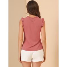 The ruffled sleeveless design would show demure, feminine grace, and also lend shape and texture. Crafted from a lightweight material, it is shaped with an elegant crew neckline, and pleat detailing, and comes in a relaxed cut for easy, breezy wear. This vintage blouse is designed with ruffled trim and solid color, especially for a professional look at work. Sleeveless Ruffle Blouse, Elegant Sleeveless Blouse With Ruffle Hem, Solid Color Sleeveless Top With Ruffles, Sleeveless Ruffled Blouse, Elegant Sleeveless Ruffle Hem Blouse, Chic Ruffled Tank Top In Solid Color, Sleeveless Solid Color Ruffled Top, V-neck Ruffle Blouse For Work, Feminine Ruffled Sleeveless Blouse