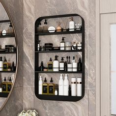 a bathroom with a mirror and shelves filled with personal care items