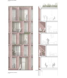 an architectural drawing shows the interior and exterior of a pink building