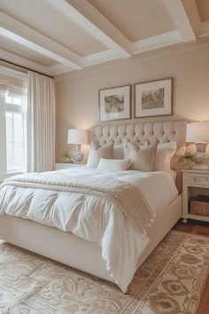 a large white bed sitting in a bedroom next to two lamps on either side of the bed