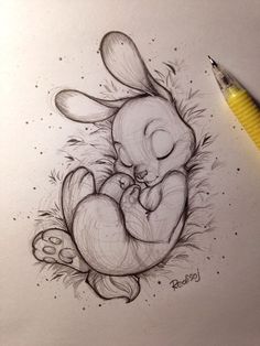 a pencil drawing of a bunny holding a baby in it's lap with its eyes closed