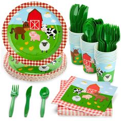 a set of children's dinnerware with farm animals on the plates and napkins