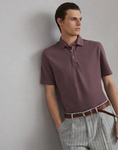 Cotton piqué shirt-style collar polo A classic year-round menswear piece, this cotton piqué polo shirt is characterized by its shirt-style collar. The regular silhouette completes the garment’s design with comfortable lines. Casual Purple Polo Collar Shirt, Casual Purple Polo Shirt, Casual Purple Cotton Polo Shirt, Shirt For Man, Classic Polo Collar Cotton T-shirt, Cotton Polo T-shirt With Contrast Collar, Tuxedo T Shirt, Pique Shirt, Polo Shirts For Men