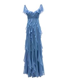 FULLY RUFFLED DRESS Off-shoulders cut, fully ruffled flared chiffon dress. Ruffle Evening Gown, Flowy Blue Dress, Chifon Dress, Blue Flowy Dress, Blue Ruffle Dress, Prom Dress Inspo, Chiffon Ruffle Dress, Unique Prom Dresses, Prom Dress Inspiration