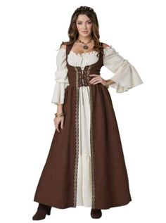 This Renaissance, Viking, Medieval peasant one piece overdress in brown features a lace up bodice and attached lapel collar. Pair it with your own dress or pants to create your own medieval outfit or with one of our peasant chemise dresses (sold separately). Available in 2 Adult Sizes - Small/Medium (6-10 - 36-38" chest, 27-29" waist) or Large/XL (10-14 - 40-42" chest, 31-33" waist). Costumes typically run a little smaller than regular clothing sizes. Other Renaissance and medieval costumes (che Fantasy Peasant Outfit, Medieval Fitted Ruffle Dress, Medieval Fitted Dress With Ruffles, Medieval Style Fitted Ruffle Dress, Medieval Ruffle Dresses For Costume Party, Medieval Ruffled Dresses For Costume Party, Bohemian Style Medieval Dress For Costume Party, Fall Dresses With Historical Design, Gothic Brown Corset Dress For Costume Party