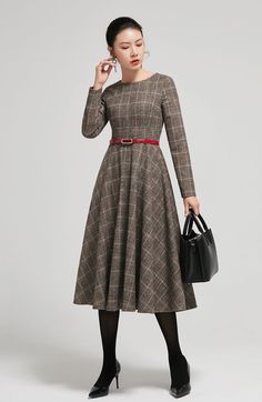 "Plaid wool dress, Fitted waist and round neck elevate our retro-chic full dress woven in soft wool with a classic plaid print. DETAIL * 35% wool blend, 35% fiber and polyester, 30% nylon * Polyester lining * Big Round neckline * Long sleeves * Regular fit * Back zipper closure * Two side seam pockets * Below Knee length * Dry clean * More color and More size https://www.etsy.com/listing/465258668 * Size Guide https://www.etsy.com/listing/722950722 * SIZE CHART https://www.etsy.com/listing/73681 Boots And Fit And Flare Dress Winter, Luxury Fitted Elegant Plaid Dress, Luxury Fit And Flare Dress For Fall, Wool Dress Uk, Conservative Sweater Dress, Fit Flare Dress Winter, Professional Plaid Dress, Cheap Plaid Winter Dress, Kate Middleton Plaid Dress