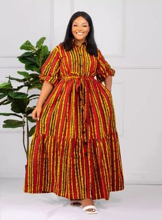 Beautiful dress with overall length of 60 inches. This maxi dress is a true stunner! 💎 It has a self tie belt. 💎Dress has a collared, button down neckline, . 💎 Dress has a button down front closure. 💎 It is maternity friendly 💎 You can creat... Ankara Maxi Dress, Mixed Print Dress, Long African Dresses, African Print Dress Ankara, African Dresses Modern, African Maxi Dresses, Dress African, Beautiful Maxi Dresses, Ankara Print