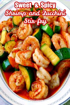 shrimp and zucchini stir fry with sauce in a bowl