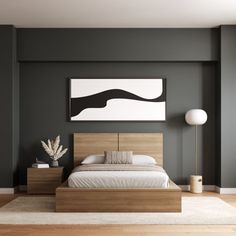 a modern bedroom with grey walls and wooden furniture in the foreground is a large painting on the wall