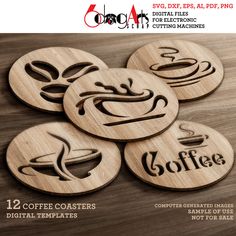 four coasters with coffee designs on them