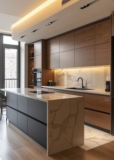 a modern kitchen with marble counter tops and wooden cabinets, along with an island in the middle