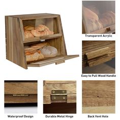 the instructions for how to make a wooden bread box with drawers and shelves in it