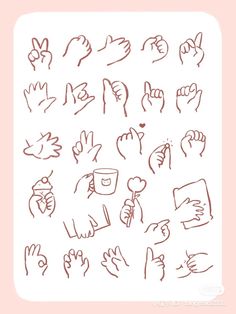 various hand gestures drawn in red ink on a white paper with a pink border around them