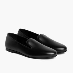 Women's Eden Slip-On Loafer in Black Leather - Thursday Classic Black Slippers With Rubber Sole, Elegant Black Leather Slippers, Classic Flat Slippers With Rubber Sole, Classic Black Slip-on Slippers, Elegant Black Slippers, Classic Flat Slippers With Leather Sole, Elegant Black Work Slippers, Classic Black Cushioned Slippers, Classic Black Slippers For Office