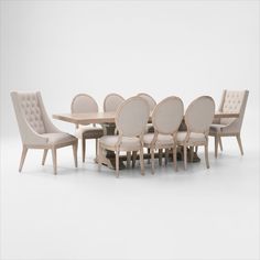 a dining table and chairs are arranged in the shape of an oval with tufted upholstered backrests