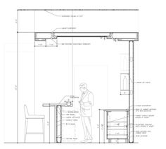 a drawing of a man standing in front of a desk and chair, with the floor plan