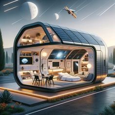 an image of a futuristic house with solar panels on the roof and furniture in it